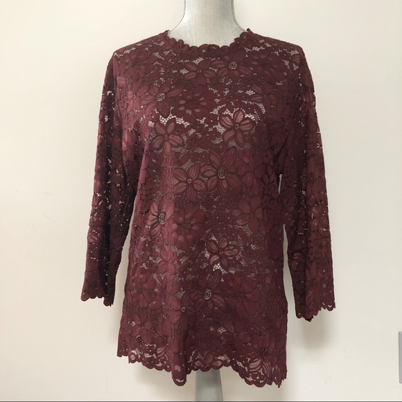 Zara lace tunic top burgundy maroon with flared bell sleeves, semi sheer - Picture 1 of 5